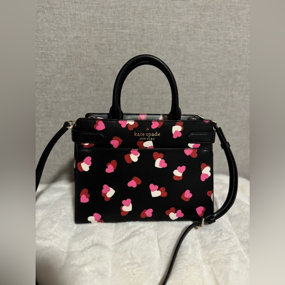 Kate Spade Staci Medium Top Zip Satchel Crossbody Flutter Heart Black Pink